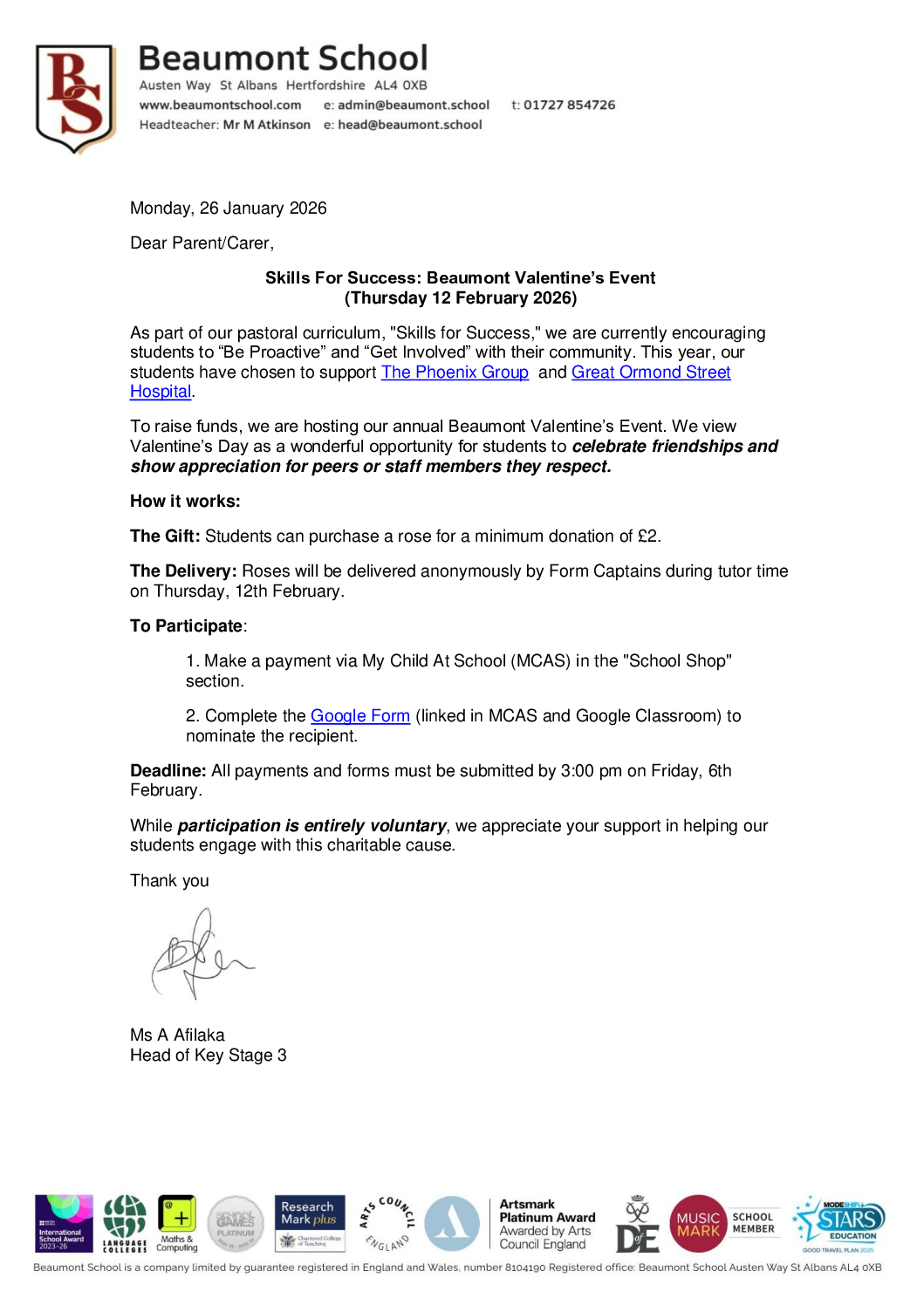 Skills For Success: Beaumont Valentine’s Event Letter 26 January 2026