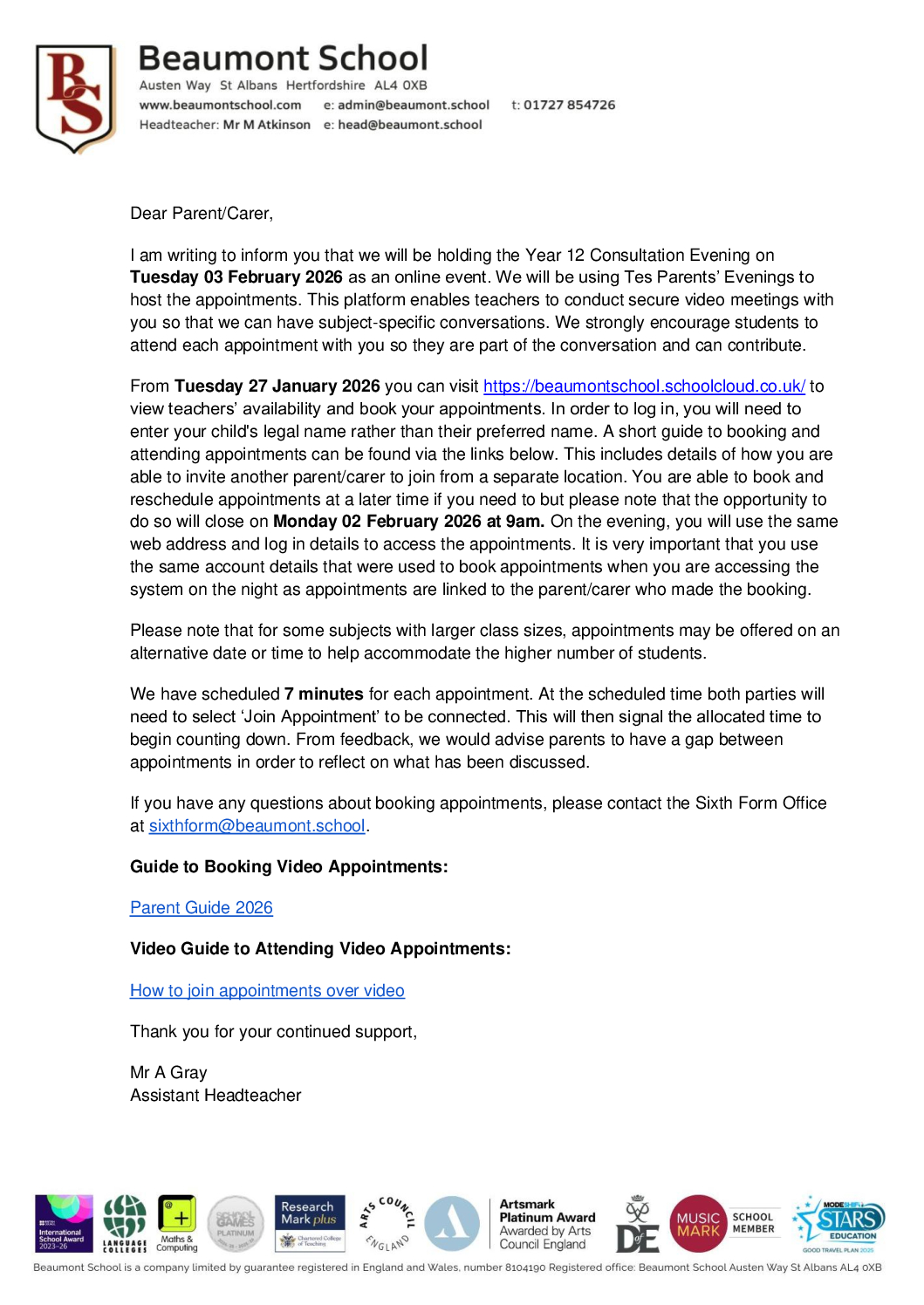 Year 12 Consultation Evening Letter 22 January 2026