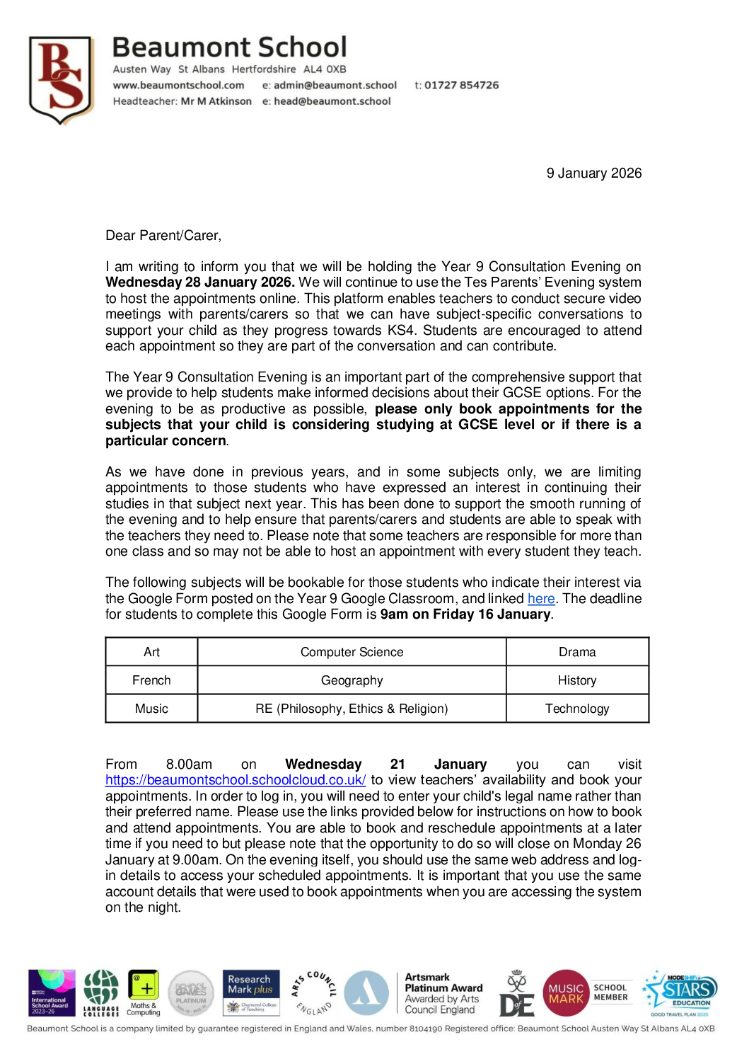Year 9 Consultation Evening Letter 14 January 2026