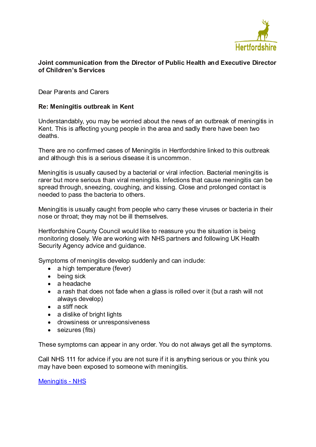 HCC Meningitis Letter 20 March 2026