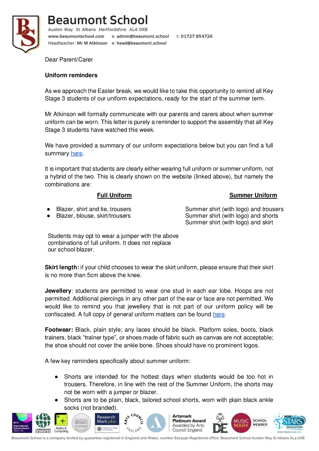 Summer Uniform Letter 27 March 2026