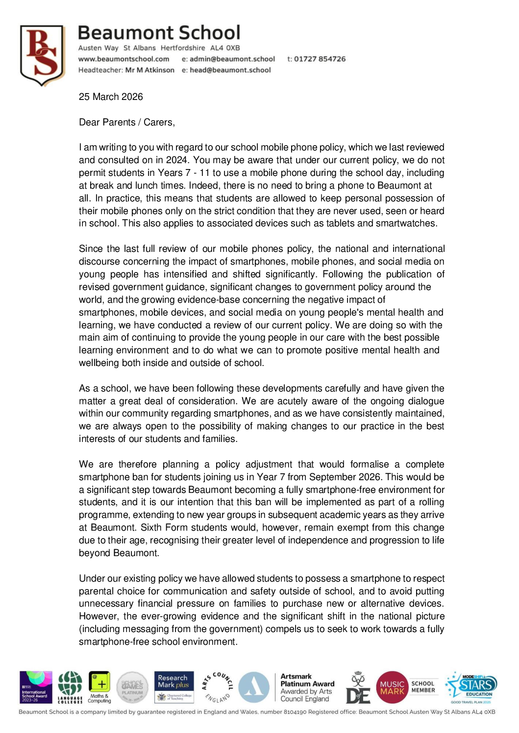 Mobile Phone Letter 25 March 2026