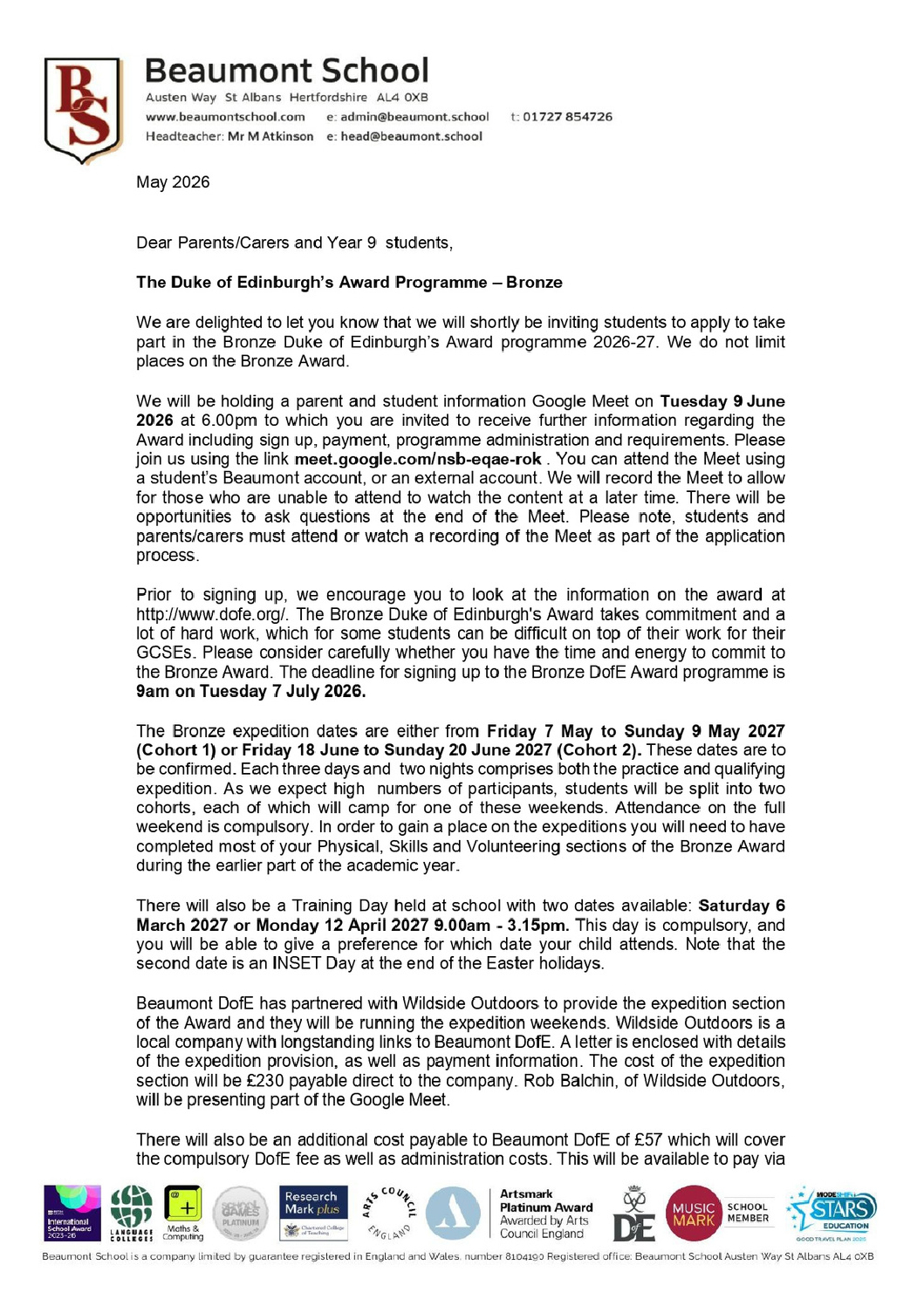 Year 9 Duke of Edinburgh Award Letter 18 May 2026