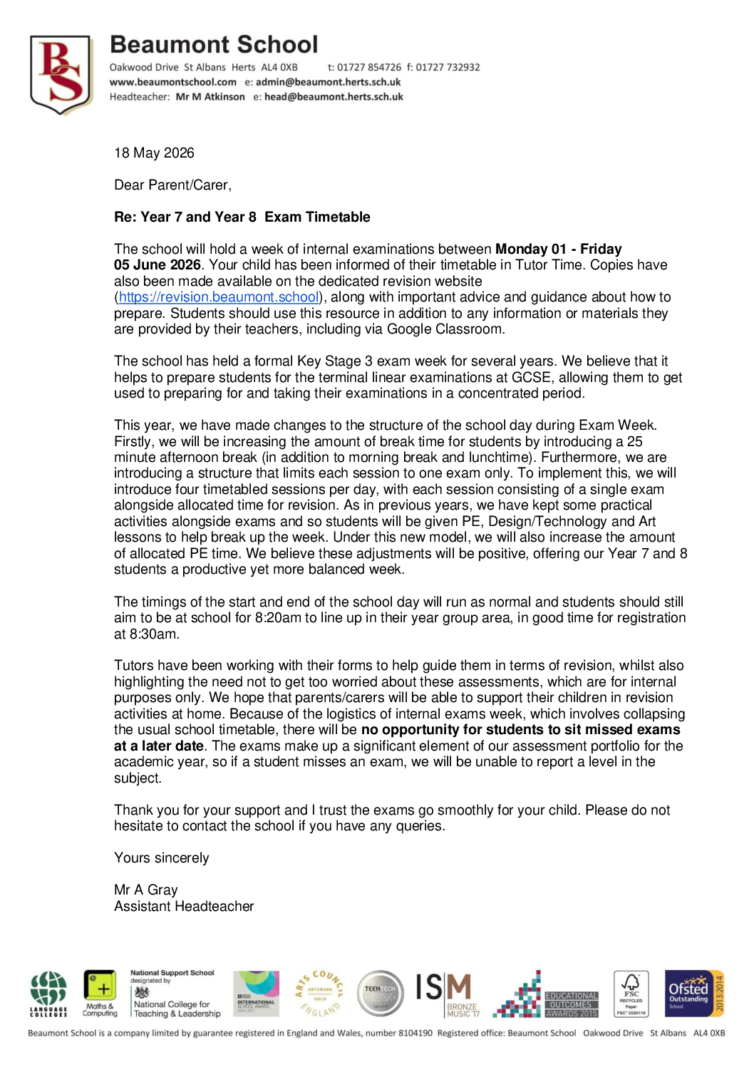 Year 7-8 Exam Timetable Letter 18 May 2026