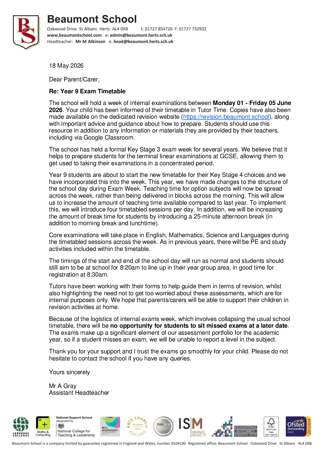 Year 9 Exam Timetable Letter Letter 18 May 2026