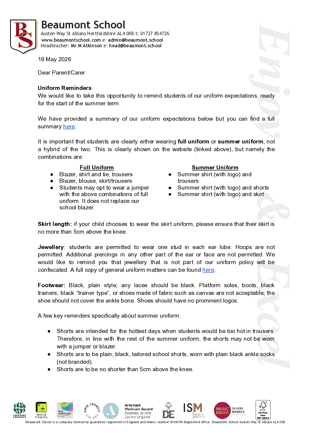 Summer Uniform Letter 18 May 2026