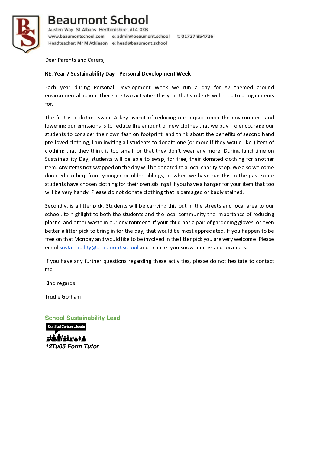 Year 7 Sustainability Day Letter 4 June 2026