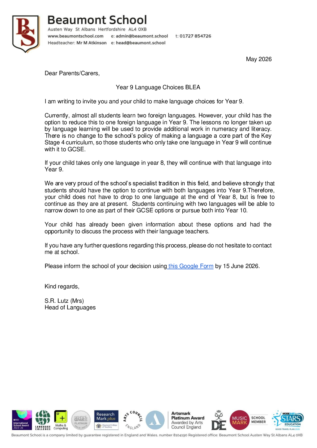 Year 9 Language Choice BLEA Letter 4 June 2026