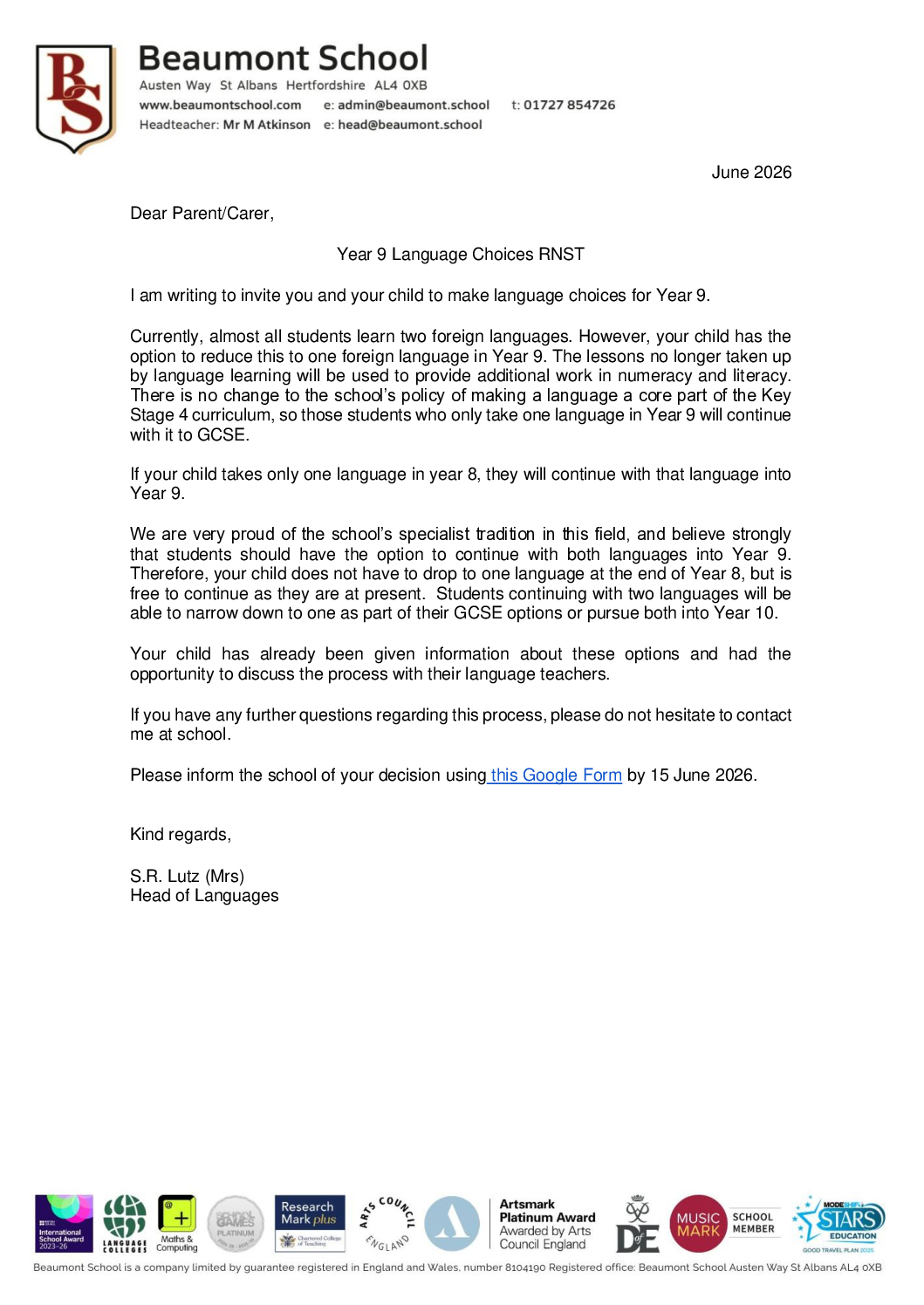 Year 9 Language Choice RNST Letter 4 June 2026